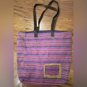 Purple and Pink large lined woven striped fabric tote bag with leather straps